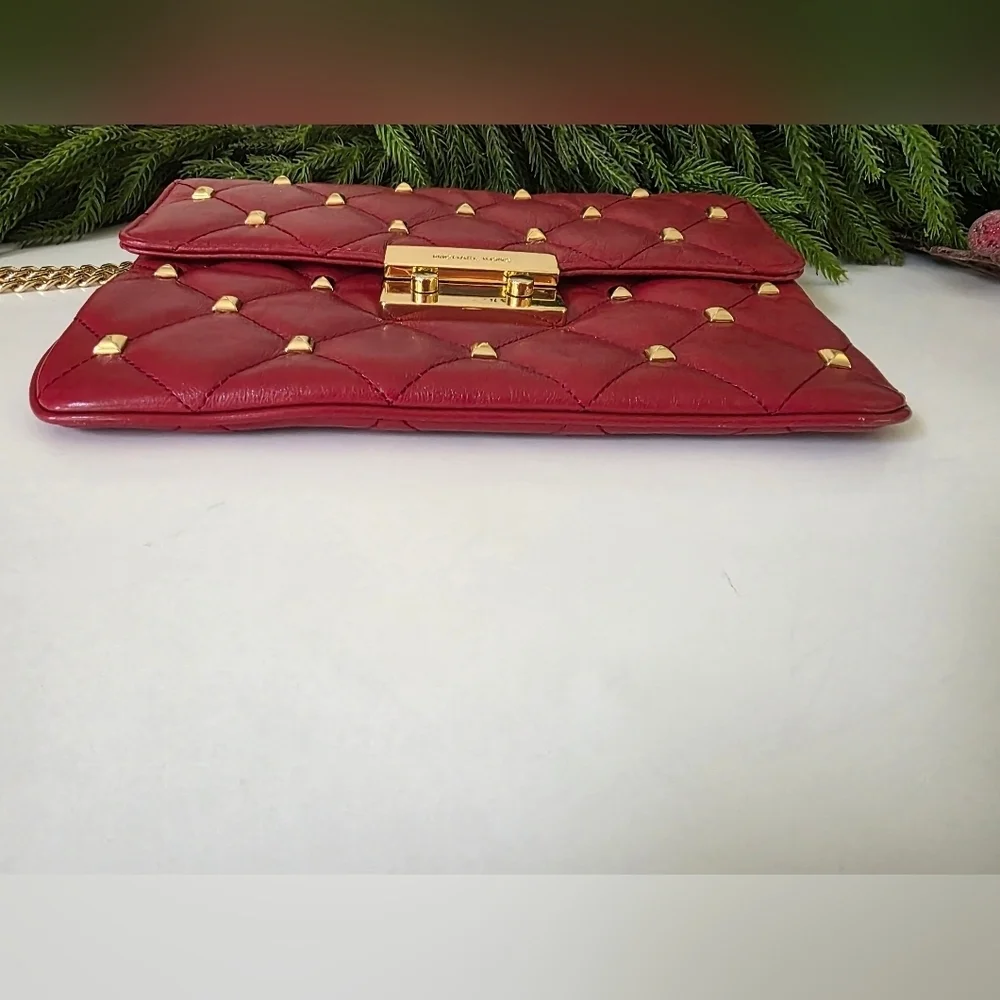 Michael Kors Sloan Quilted Leather Shoulder Bag- Red- Gold Chain Strap- Like New